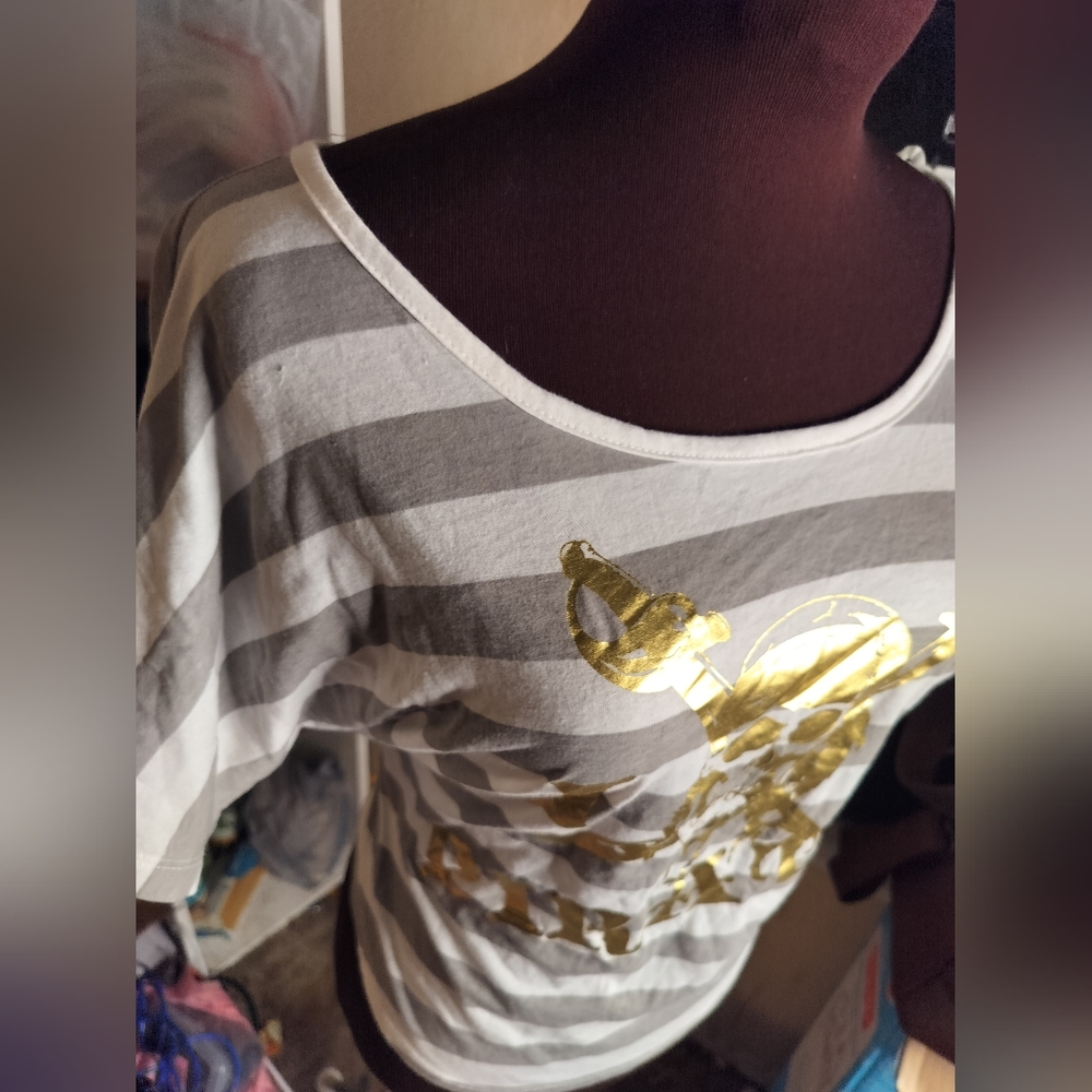 NWOT Disney PIRATES! Gold Logo Skull And Crossbones Striped Blouse